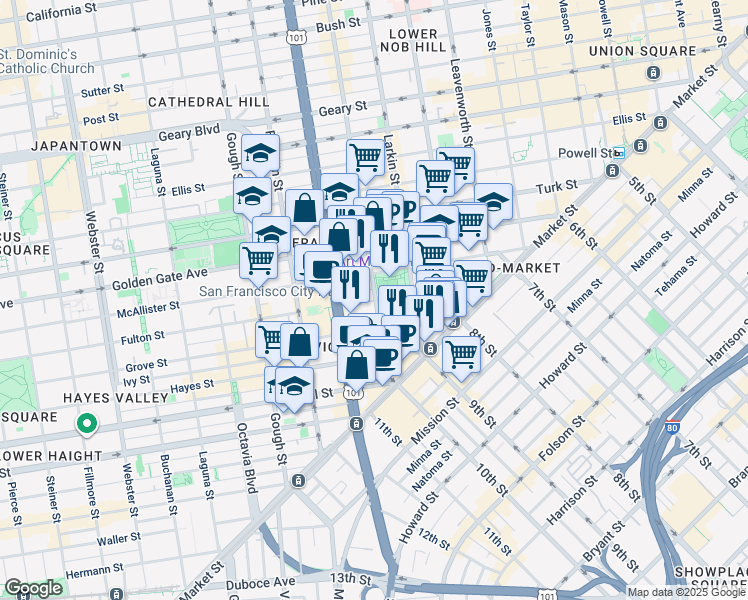 map of restaurants, bars, coffee shops, grocery stores, and more near 30 Doctor Carlton B Goodlett Place in San Francisco