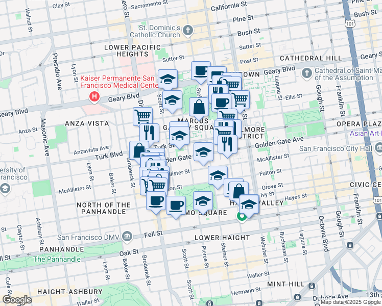 map of restaurants, bars, coffee shops, grocery stores, and more near 1455 Golden Gate Avenue in San Francisco