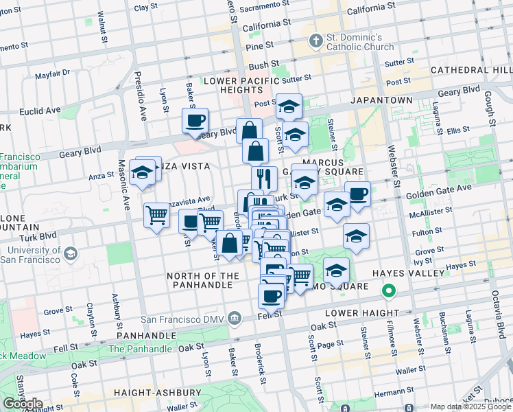 map of restaurants, bars, coffee shops, grocery stores, and more near 1021 Divisadero Street in San Francisco