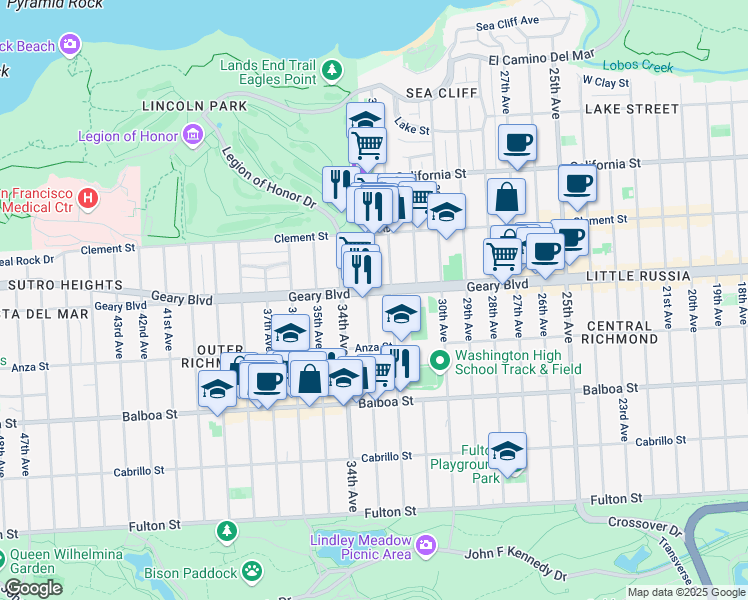 map of restaurants, bars, coffee shops, grocery stores, and more near 530 33rd Avenue in San Francisco