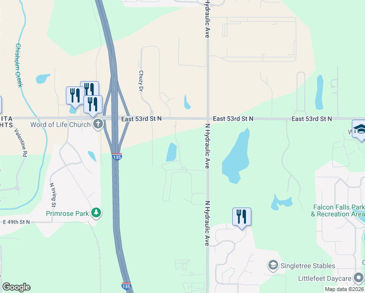 map of restaurants, bars, coffee shops, grocery stores, and more near 5301 North Hydraulic Avenue in Wichita