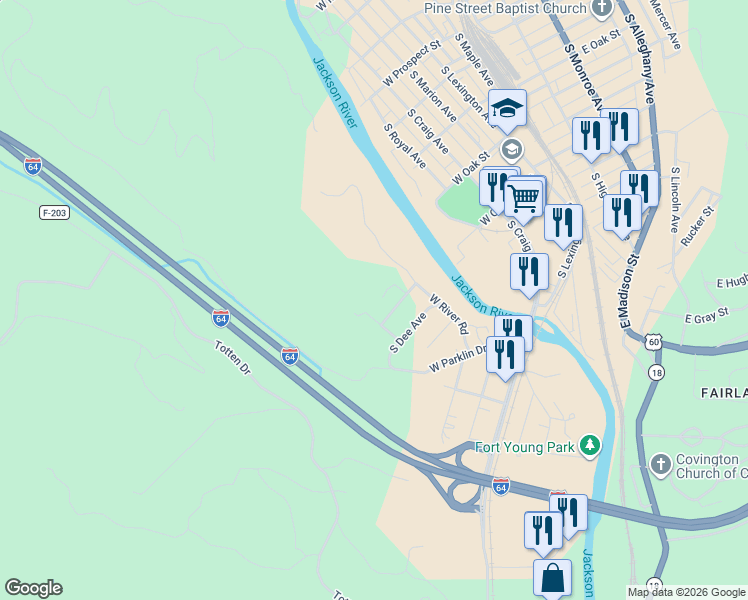 map of restaurants, bars, coffee shops, grocery stores, and more near 1019 West Ridge Street in Covington