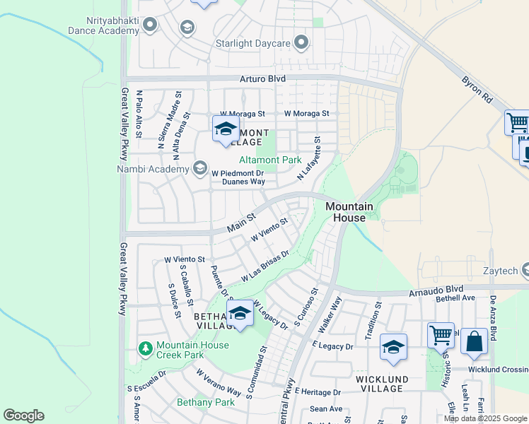 map of restaurants, bars, coffee shops, grocery stores, and more near 13 South Aldea Street in Mountain House