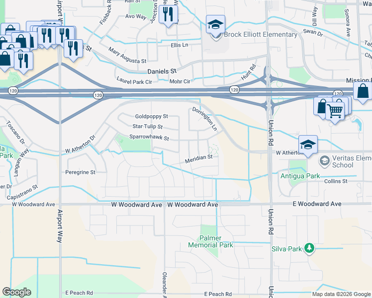 map of restaurants, bars, coffee shops, grocery stores, and more near 1547 Red Ribbons Lane in Manteca