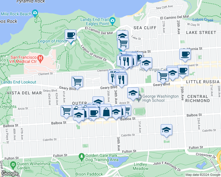 map of restaurants, bars, coffee shops, grocery stores, and more near 7039 Geary Boulevard in San Francisco