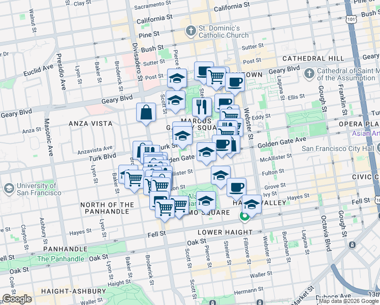 map of restaurants, bars, coffee shops, grocery stores, and more near 1513 Golden Gate Avenue in San Francisco