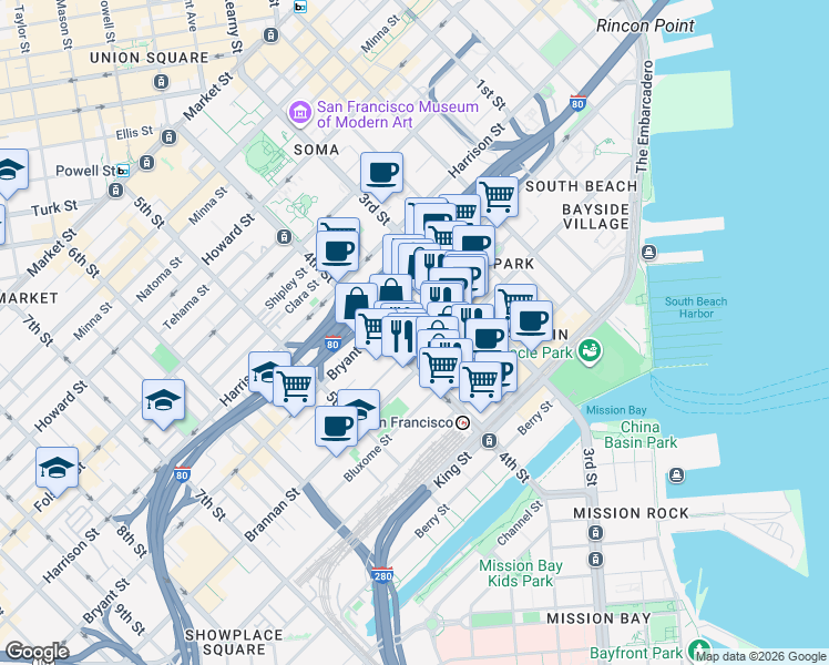 map of restaurants, bars, coffee shops, grocery stores, and more near 555 4th Street in San Francisco