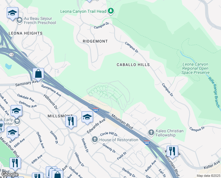 map of restaurants, bars, coffee shops, grocery stores, and more near 6264 Rocky Point Court in Oakland