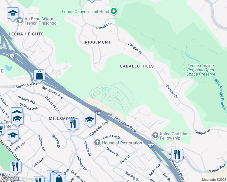 map of restaurants, bars, coffee shops, grocery stores, and more near 6264 Rocky Point Court in Oakland