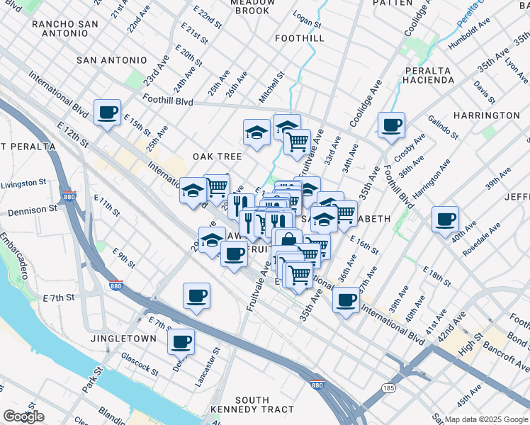 map of restaurants, bars, coffee shops, grocery stores, and more near 3064 East 15th Street in Oakland