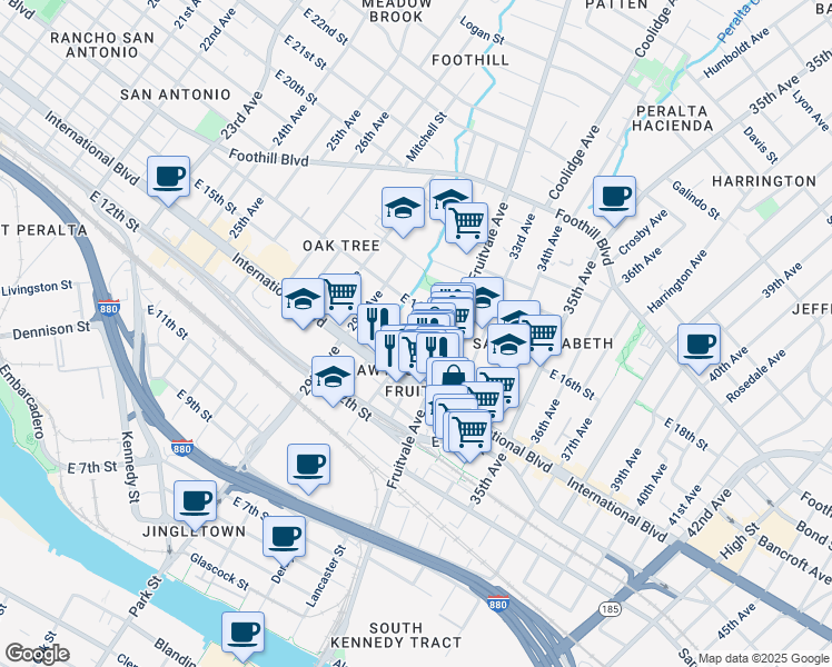 map of restaurants, bars, coffee shops, grocery stores, and more near 3064 East 15th Street in Oakland