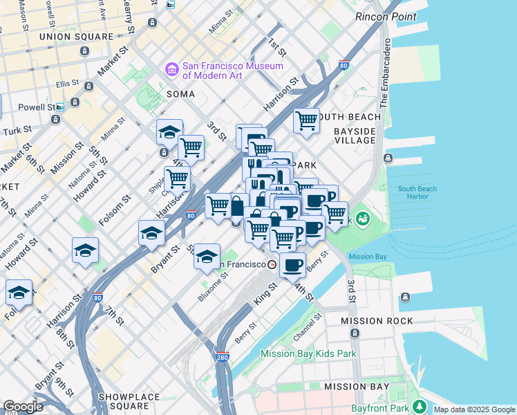 map of restaurants, bars, coffee shops, grocery stores, and more near 475 Brannan Street in San Francisco