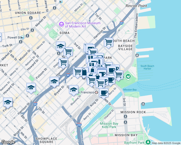 map of restaurants, bars, coffee shops, grocery stores, and more near 475 Brannan Street in San Francisco
