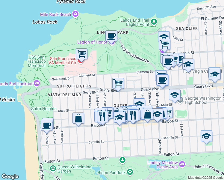 map of restaurants, bars, coffee shops, grocery stores, and more near Geary Boulevard & 40th Avenue in San Francisco