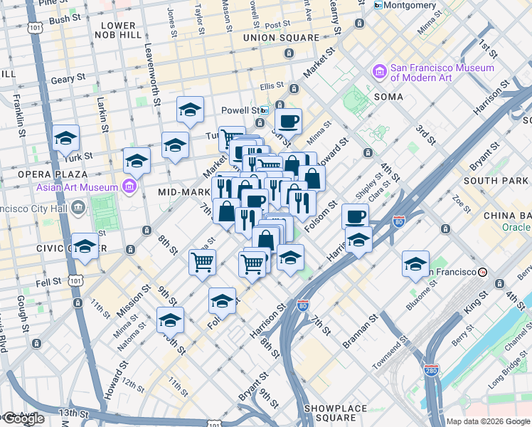 map of restaurants, bars, coffee shops, grocery stores, and more near 1028 Howard Street in San Francisco