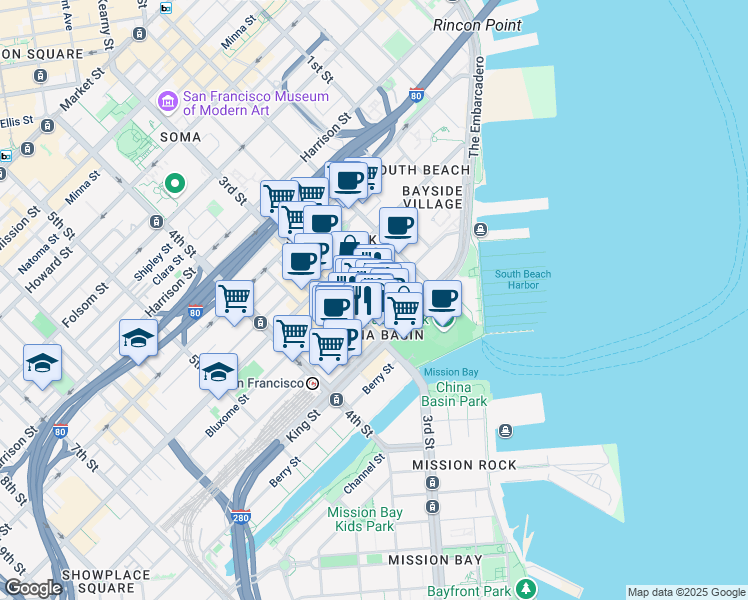 map of restaurants, bars, coffee shops, grocery stores, and more near 178 Townsend Street in San Francisco