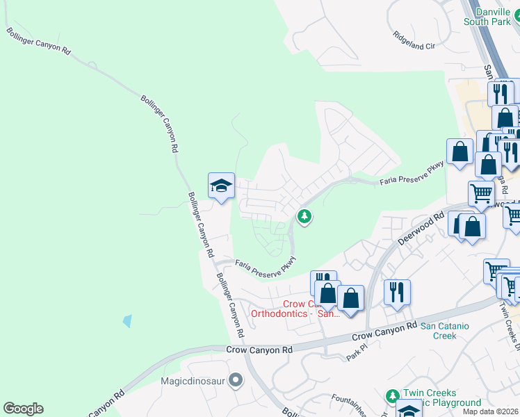 map of restaurants, bars, coffee shops, grocery stores, and more near 22208 Argento Loop in San Ramon