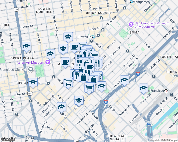 map of restaurants, bars, coffee shops, grocery stores, and more near 563 Natoma Street in San Francisco