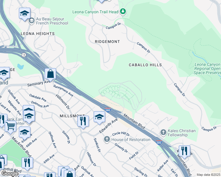 map of restaurants, bars, coffee shops, grocery stores, and more near 6090 Old Quarry Loop in Oakland