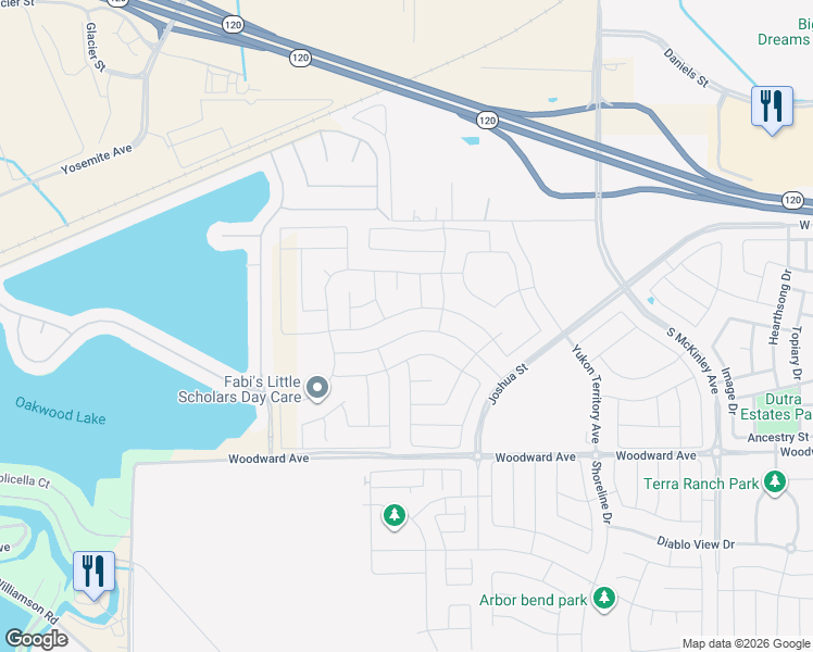 map of restaurants, bars, coffee shops, grocery stores, and more near 3307 Oak Trail Drive in Manteca