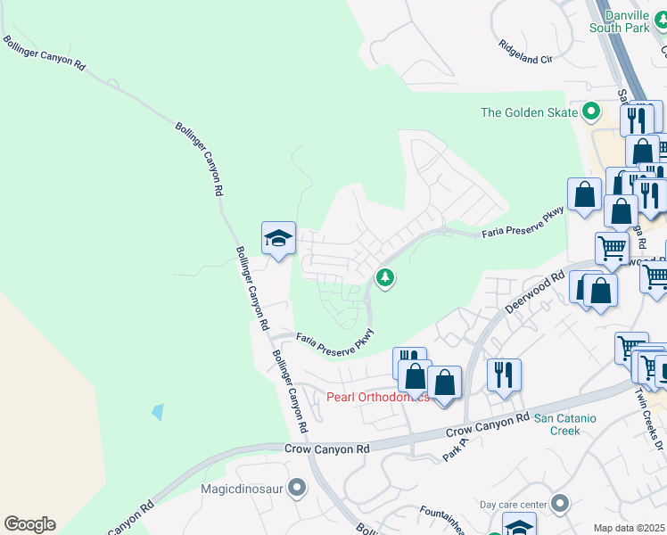 map of restaurants, bars, coffee shops, grocery stores, and more near 29101 Via Vicenza in San Ramon