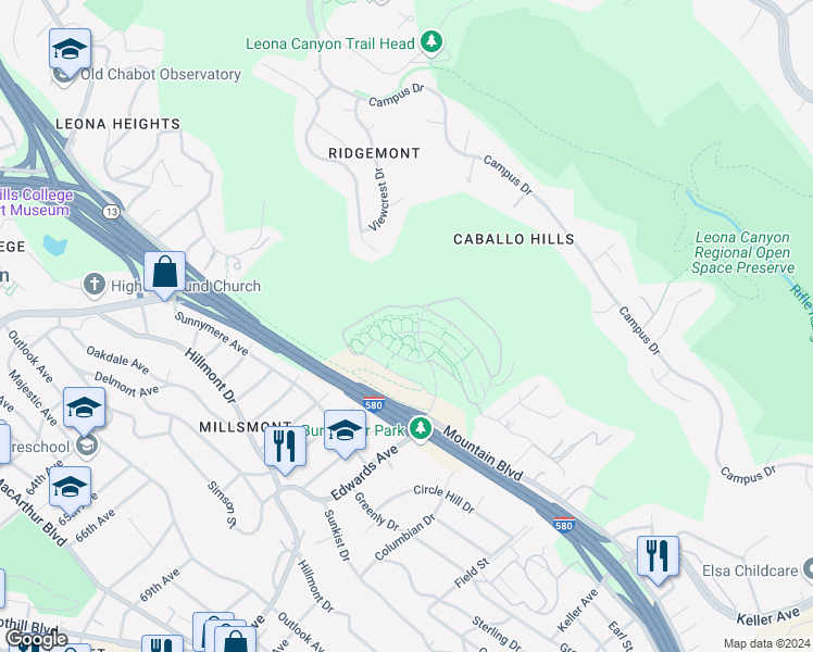 map of restaurants, bars, coffee shops, grocery stores, and more near 6176 Old Quarry Loop in Oakland