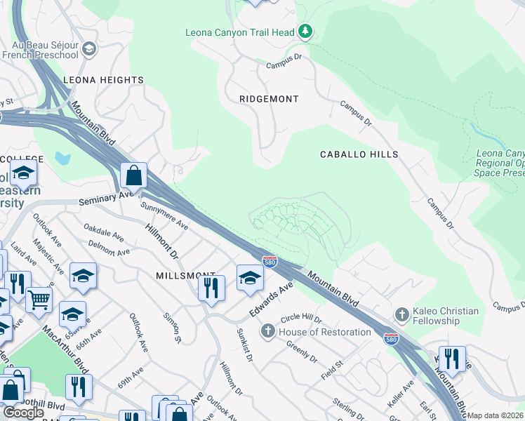 map of restaurants, bars, coffee shops, grocery stores, and more near 6090 Old Quarry Loop in Oakland