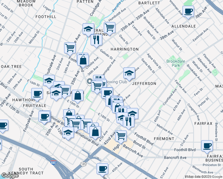 map of restaurants, bars, coffee shops, grocery stores, and more near 3827 San Juan Street in Oakland