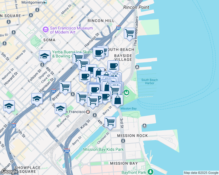 map of restaurants, bars, coffee shops, grocery stores, and more near 162 King Street in San Francisco