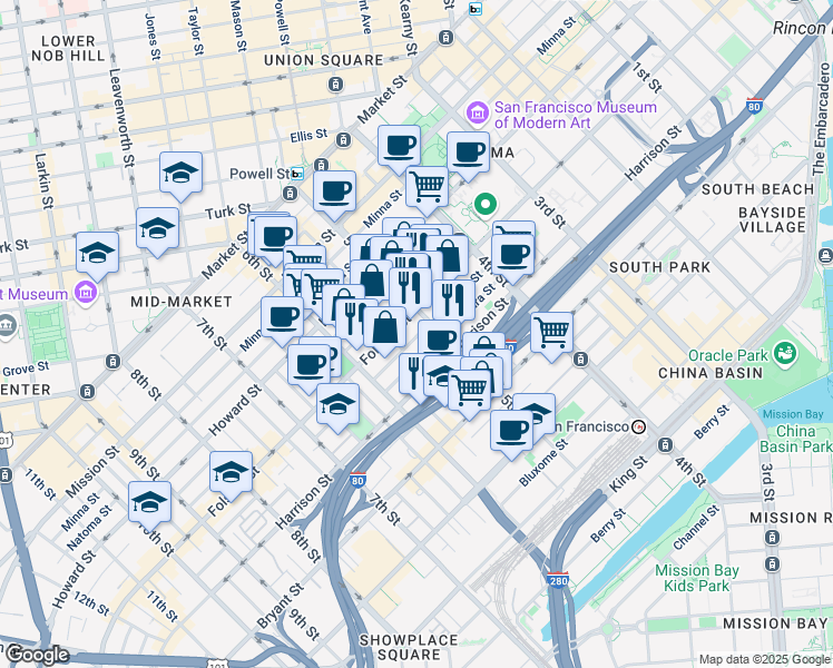 map of restaurants, bars, coffee shops, grocery stores, and more near 222 Clara Street in San Francisco