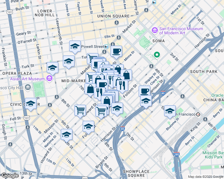 map of restaurants, bars, coffee shops, grocery stores, and more near 2 Harriet Street in San Francisco