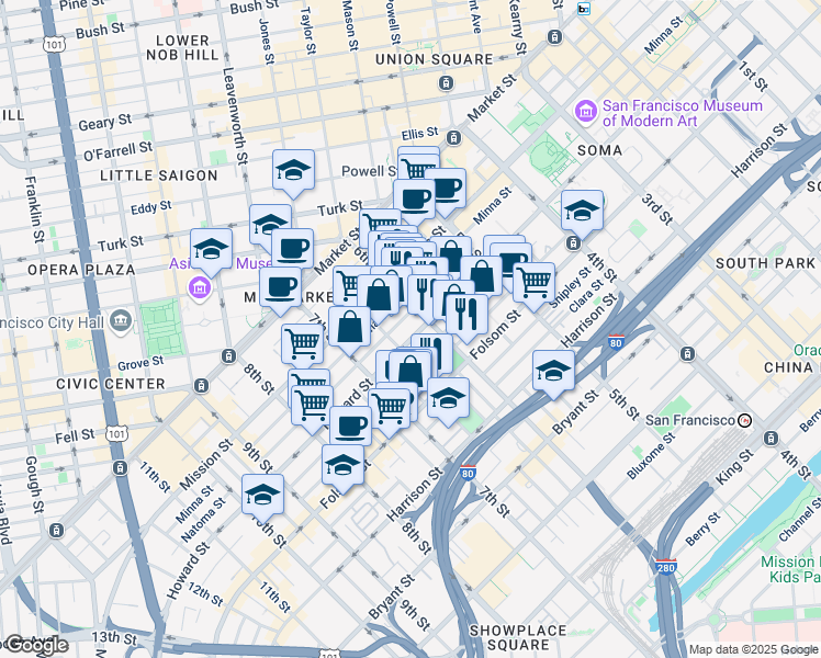 map of restaurants, bars, coffee shops, grocery stores, and more near 2 Harriet Street in San Francisco