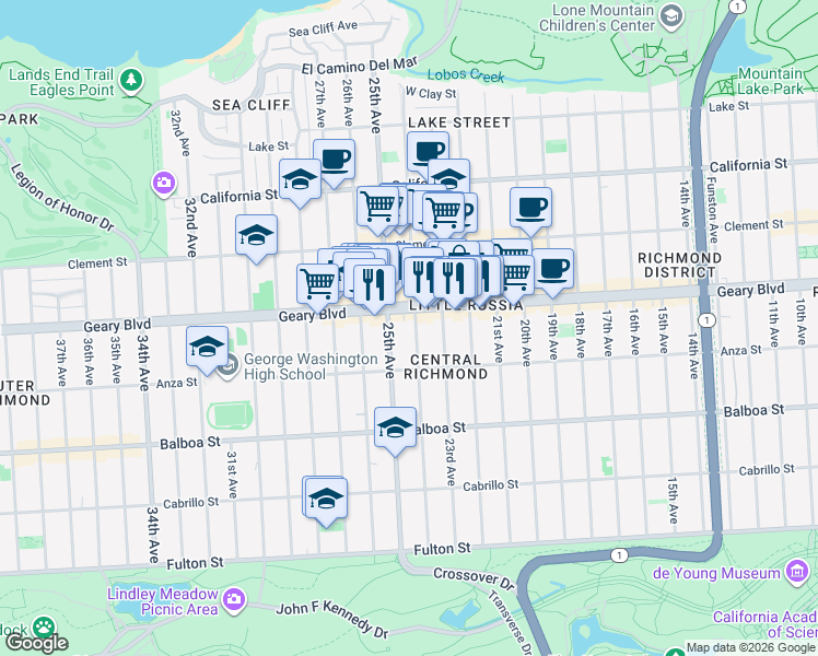 map of restaurants, bars, coffee shops, grocery stores, and more near 561 24th Avenue in San Francisco