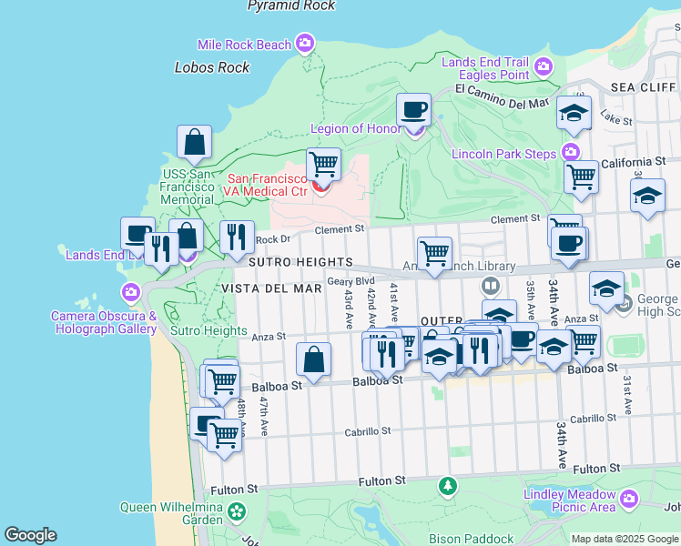 map of restaurants, bars, coffee shops, grocery stores, and more near 7949 Geary Boulevard in San Francisco