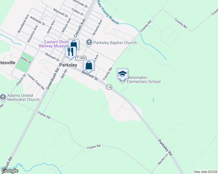 map of restaurants, bars, coffee shops, grocery stores, and more near 24428-24498 Parksley Road in Parksley