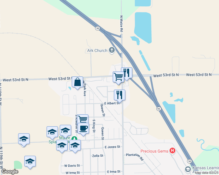 map of restaurants, bars, coffee shops, grocery stores, and more near 101-203 North Heather Lane in Maize