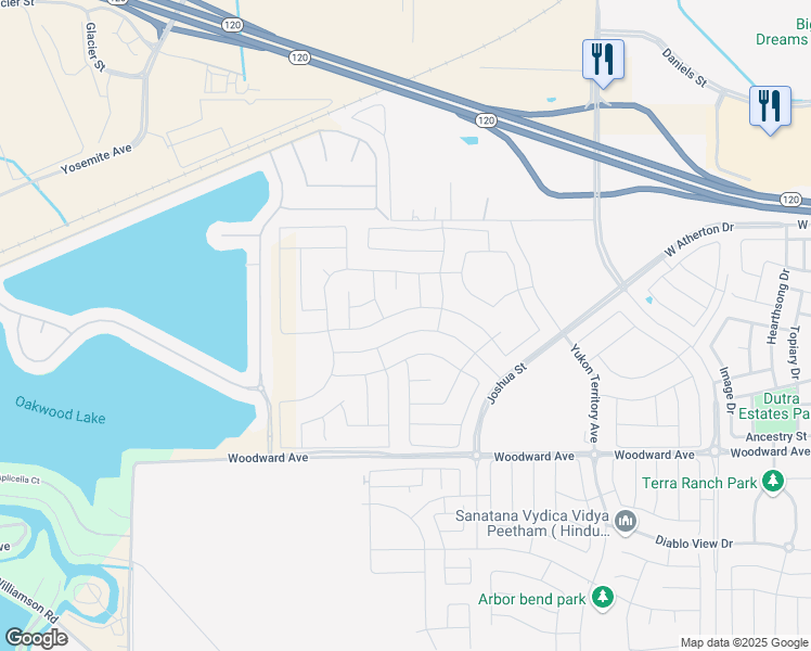 map of restaurants, bars, coffee shops, grocery stores, and more near 3307 Oak Trail Drive in Manteca