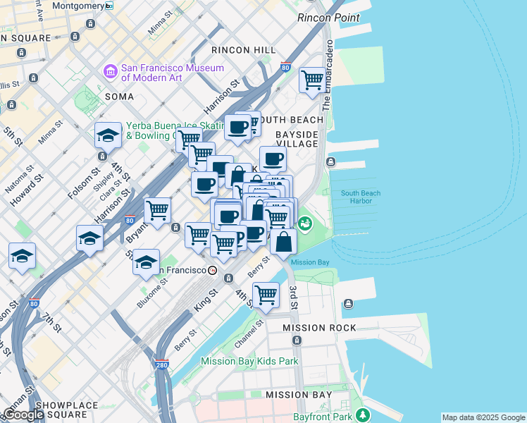 map of restaurants, bars, coffee shops, grocery stores, and more near 153 Townsend Street in San Francisco