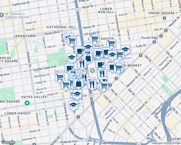 map of restaurants, bars, coffee shops, grocery stores, and more near 1 Doctor Carlton B Goodlett Place in San Francisco