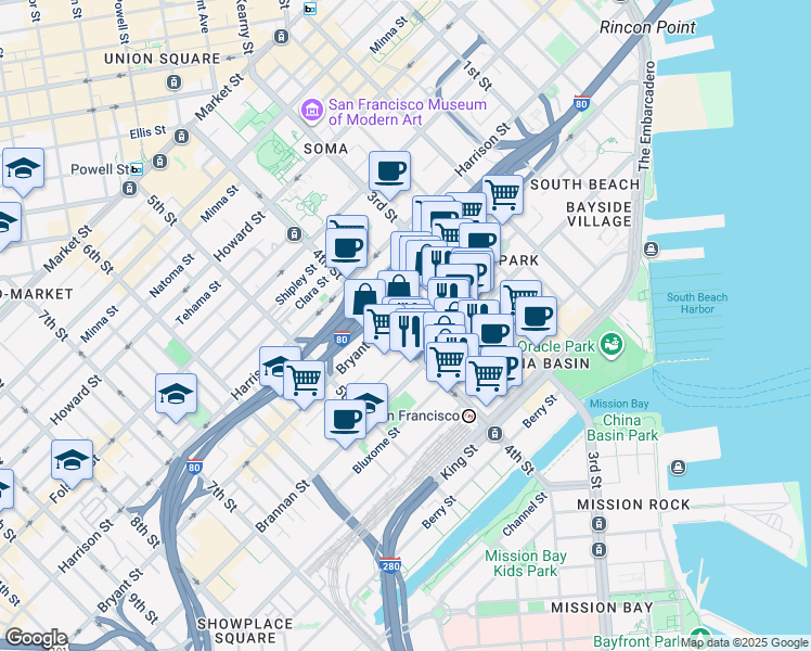 map of restaurants, bars, coffee shops, grocery stores, and more near in San Francisco
