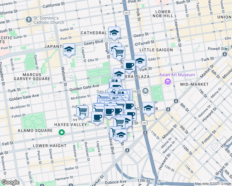 map of restaurants, bars, coffee shops, grocery stores, and more near in San Francisco