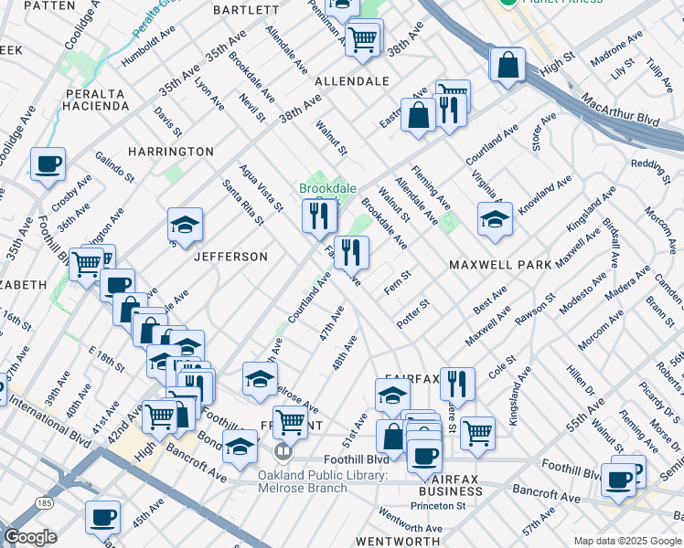 map of restaurants, bars, coffee shops, grocery stores, and more near 4633 Fairfax Avenue in Oakland