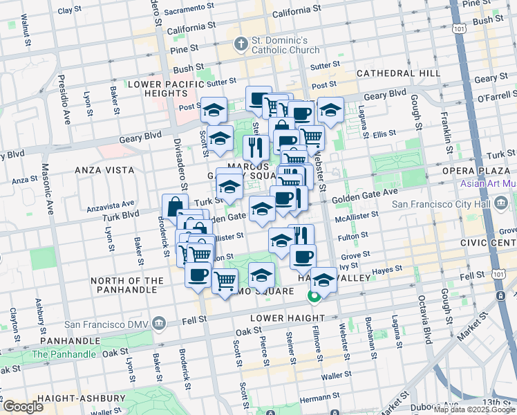 map of restaurants, bars, coffee shops, grocery stores, and more near 1455 Golden Gate Avenue in San Francisco