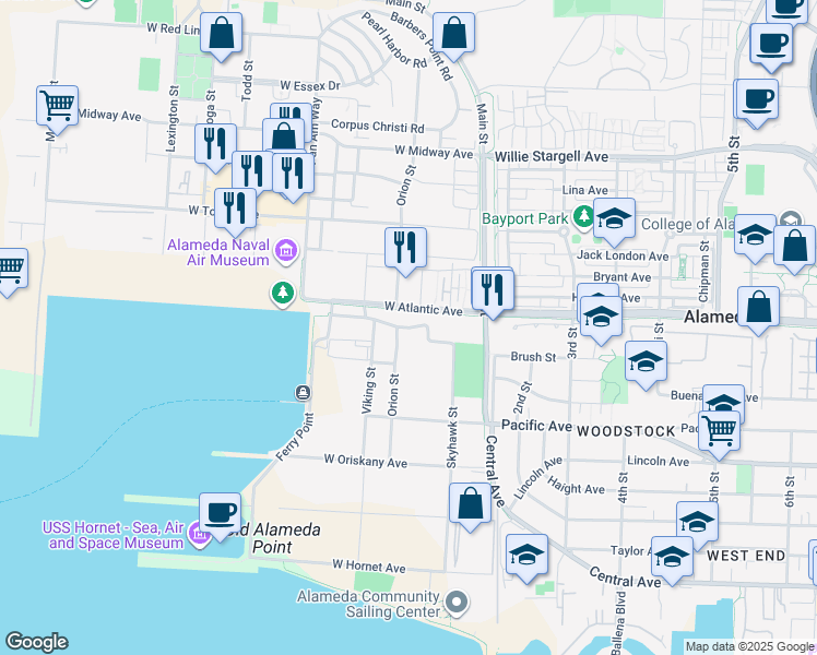 map of restaurants, bars, coffee shops, grocery stores, and more near 1800 Ferry Point in Alameda