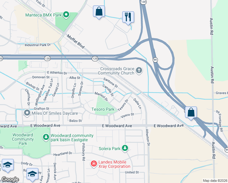 map of restaurants, bars, coffee shops, grocery stores, and more near 1448 Paco Way in Manteca