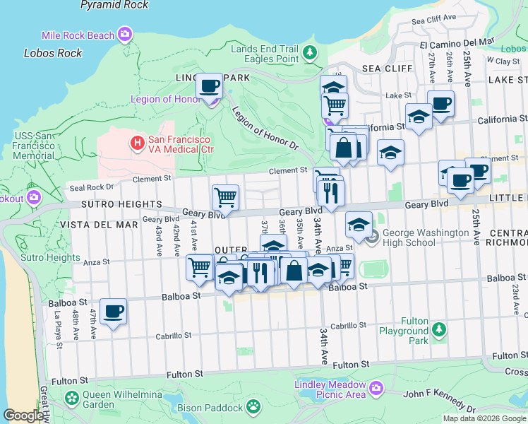 map of restaurants, bars, coffee shops, grocery stores, and more near Geary Boulevard & 37th Avenue in San Francisco
