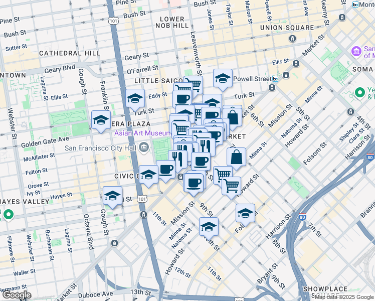 map of restaurants, bars, coffee shops, grocery stores, and more near 100 Larkin Street in San Francisco