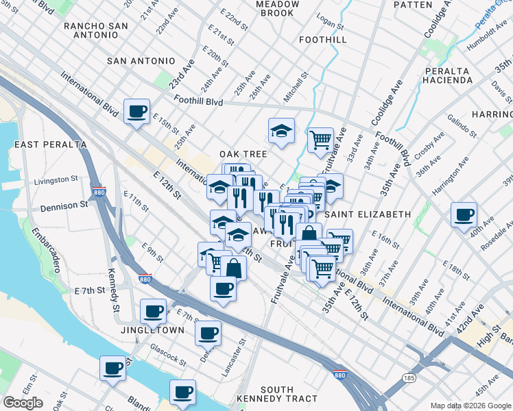 map of restaurants, bars, coffee shops, grocery stores, and more near 2920 International Boulevard in Oakland