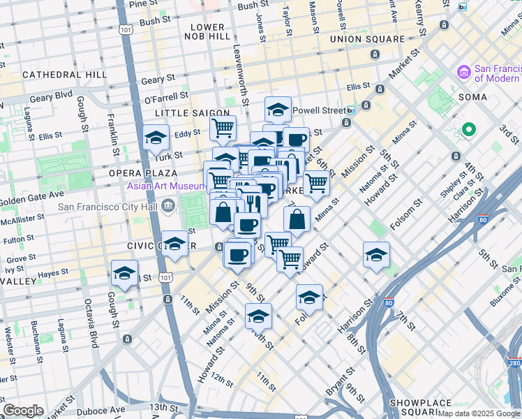 map of restaurants, bars, coffee shops, grocery stores, and more near 1155 Market Street in San Francisco