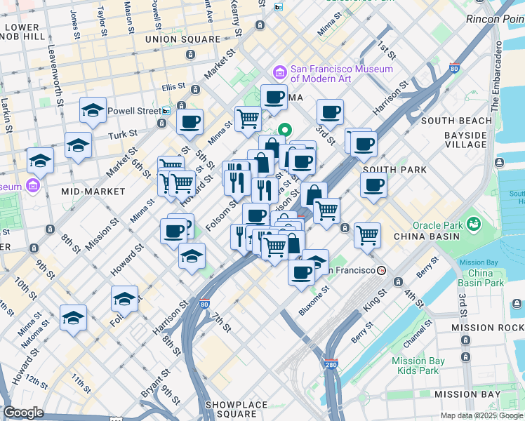 map of restaurants, bars, coffee shops, grocery stores, and more near 420 5th Street in San Francisco